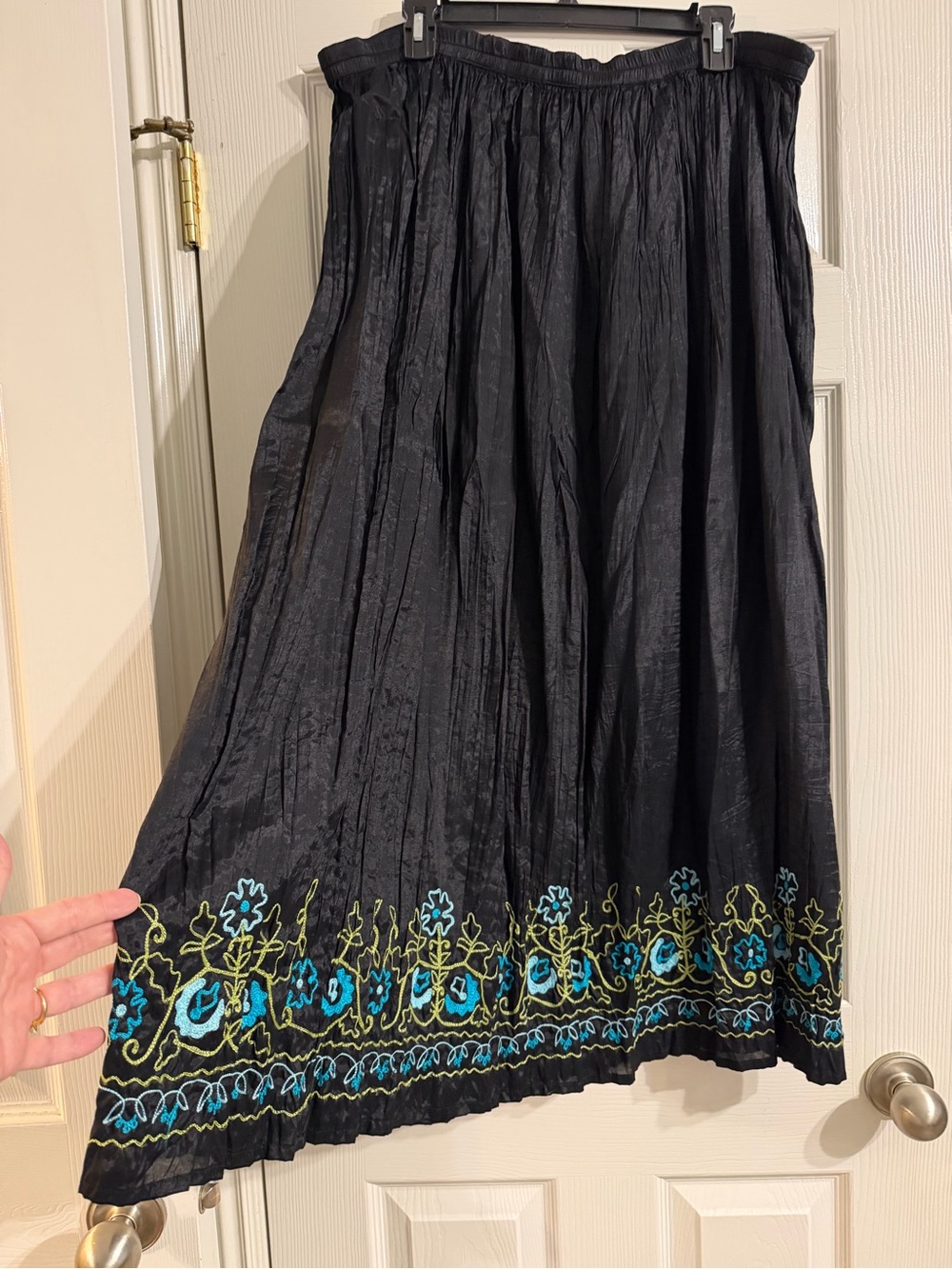 Black Rayon Broomstick Maxi Skirt with Embroidered Blue & Green Trim